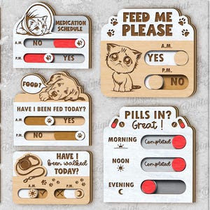 以下が含まれることがあります： 猫のイラストが描かれた「Feed Me Please」、薬のスケジュール、足跡とスライダーインジケーター付きの「Have I been walked today?」など、さまざまなデザインの木製ペットケアトラッカー。