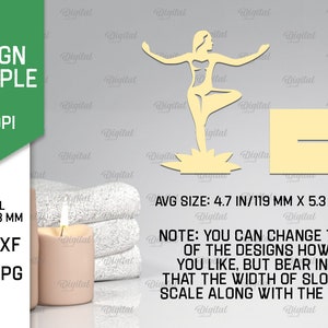Peut inclure: Une conception num&eacute;rique d'une femme en position de yoga, debout sur une fleur de lotus. Le motif mesure 11,9 cm sur 13,4 cm et est disponible aux formats SVG, DXF, PNG et JPG. Le motif est adapt&eacute; &agrave; une utilisation avec une largeur de mat&eacute;riau de 3 mm.