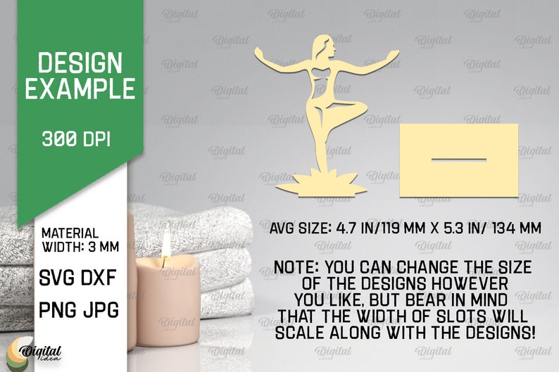 Peut inclure: Une conception num&eacute;rique d'une femme en position de yoga, debout sur une fleur de lotus. Le motif mesure 11,9 cm sur 13,4 cm et est disponible aux formats SVG, DXF, PNG et JPG. Le motif est adapt&eacute; &agrave; une utilisation avec une largeur de mat&eacute;riau de 3 mm.