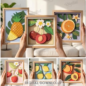 Könnte beinhalten: Eine Sammlung von 10 digitalen Designs mit mehrschichtigen Scherenschnitt-Illustrationen von Früchten wie Ananas, Kirschen, Orange, Mango, Pflaume, Erdbeere, Zitrone und Pfirsich in Holzrahmen mit Dateiformaten DXF, EPS, PNG, PDF, JPG, SVG.