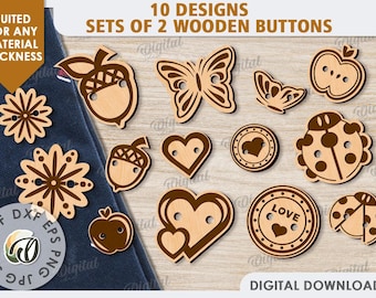 May include: Ten designs of wooden buttons in various shapes, including hearts, butterflies, ladybugs, acorns, and apples. The buttons are all brown and have a natural wood grain finish. The text "10 DESIGNS SETS OF 2 WOODEN BUTTONS" is at the top of the image.