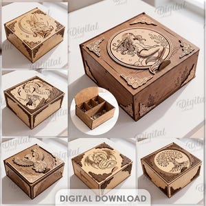 Op de afbeelding: Een collectie van tien vierkante houten kistjes met lasergesneden ontwerpen zoals een zeemeermin, draak, feniks en levensboom. De kistjes hebben decoratieve hoekaccenten en een materiaaldikte van 3 mm. Digitale bestanden in DXF, EPS, PNG, PDF, JPG en SVG.