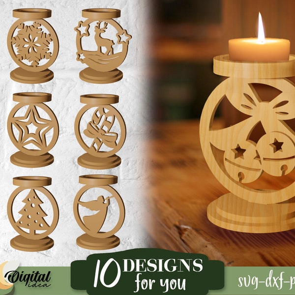 Christmas candle holder laser cut file, Candle stand bundle, Christmas laser cut file, Wood Candle holder svg