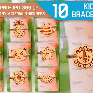 Fascio di braccialetti per bambini in legno, braccialetto inciso tagliato al laser, simpatici animali in formato SVG, frutta in formato SVG, gioielli per bambini in formato SVG, braccialetto per bambini regolabile in formato SVG