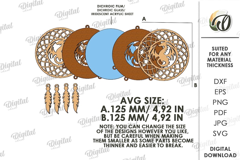Peut inclure: Motif en bois d&eacute;coup&eacute; au laser avec un dragon, de forme circulaire avec des motifs complexes. Comprend un cercle bleu et des d&eacute;coupes en forme de plumes. La taille moyenne est de 125 mm. Le texte sur l'image dit "T&eacute;l&eacute;chargement num&eacute;rique".