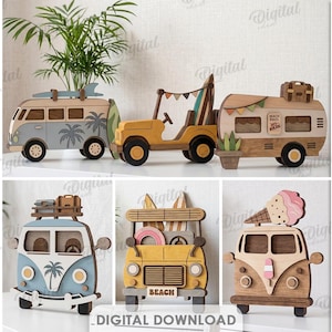 May include: A collection of 10 digital designs for wooden vehicle cutouts, including campers, vans, and cars with beach themes. The files are compatible with 6mm material and provided in DXF, EPS, PNG, PDF, JPG, and SVG formats for digital download.