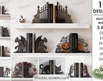 Gothic Bookends SVG Bundle, Halloween Bookshelf Decor, Laser Cut Wooden Book Ends, Spooky Library Decor, Dark Academia Gift, Shelf Decor DXF