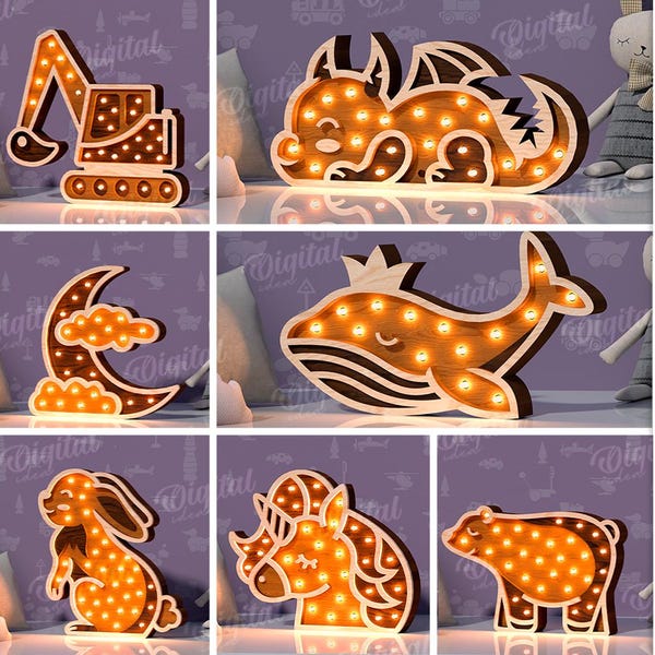 3D Wooden kids led nightlights bundle, nursery night lamp laser cut, cute baby led light box, childrens svg, children's room night lamp