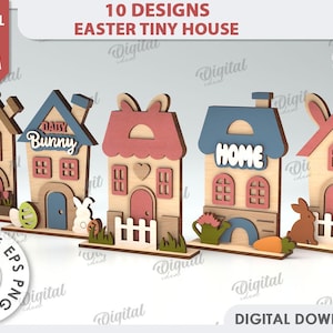 Puede incluir: Diez diseños digitales para pequeñas casas de Pascua, cada una con un grosor de 3 mm. Las casas están decoradas con colores pastel y presentan detalles como ventanas, puertas y techos. Los diseños incluyen una casa con el texto "Baby Bunny", una casa con el texto "Home" y una casa con un corazón en la fachada.