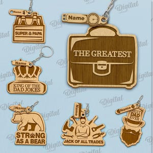 Personalized Father&#39;s day keychains bundle, dad keyring laser cut, wooden engraved key chain, family keychains svg, dad and kids names