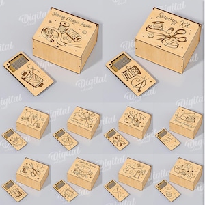 Può includere: Una collezione di dieci modelli di kit da cucito in legno. Ogni kit presenta una scatola con coperchio e un piccolo pezzo rettangolare, tutti con illustrazioni incise a tema cucito. Il testo "Sewing Magic Inside" e "Sewing Kit" è visibile.