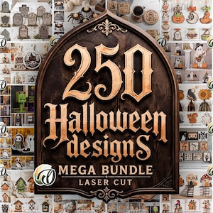 Halloween laserskurna megapaket, 250 laserskurna heminredningsdesigner, ljusstake, gotisk dekor svg, trähuslykta, Halloweenskyltar