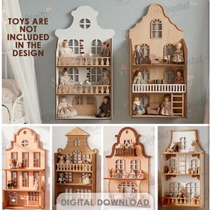 Conjunto de prateleiras 3D para casa de bonecas infantil, arquivos de corte a laser para prateleira de berçário, SVG para casa de bonecas Amsterdam, decoração de parede para quarto infantil, estante de livros, expositor de brinquedos