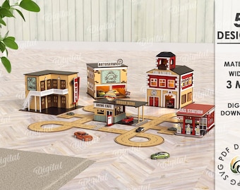 3D Town bundle, city laser cut, hotel model svg, wooden gas station shelf sitter, kids toys svg, drive through, diner, fire station svg