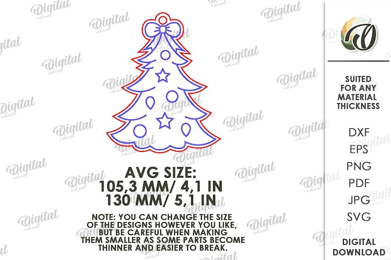May include: A blue and red Christmas tree design with star and ornament details. The average size is 4.1 inches by 5.1 inches. Text on the image says "SUITED FOR ANY MATERIAL THICKNESS" and "DIGITAL DOWNLOAD".