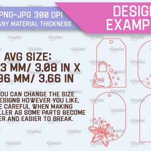 May include: Four red outline designs for gift tags with different images. The designs include a purse, a flower, a lily, and a martini glass. The text "DESIGN EXAMPLE" is at the top of the image. The text "AVG SIZE: 78,23 MM/ 3,08 IN X 92,96 MM/ 3,66 IN" is in the center of the image. The text "NOTE: YOU CAN CHANGE THE SIZE OF THE DESIGNS HOWEVER YOU LIKE, BUT BE CAREFUL WHEN MAKING THEM SMALLER AS SOME PARTS BECOME THINNER AND EASIER TO BREAK." is at the bottom of the image.