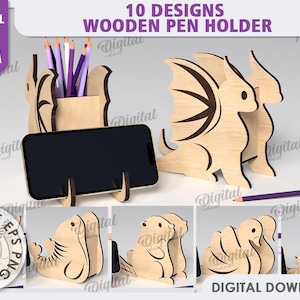 3D-penn- och telefonhållare i trä, laserskuret djurpennställ, förvaringslåda för träpennor, barnorganisatör svg, förvaringslåda för barn svg