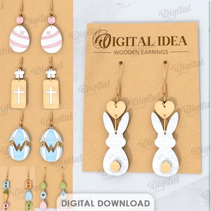 Puede incluir: Una colección de pendientes de madera con diseños de Pascua, incluyendo zanahorias, huevos, cruces y conejos. Los pendientes son de tonos de madera natural con detalles blancos y pastel. La imagen también muestra el texto "Digital Idea Wooden Earrings."