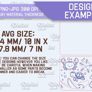 May include: A design example for a digital cutting file featuring a seahorse, crab, turtle, starfish, and fish. The design is outlined in blue and red on a light blue background. The average size of the design is 10 inches by 7 inches or 254 mm by 177.8 mm. The text "DESIGN EXAMPLE" is in the upper right corner of the image.