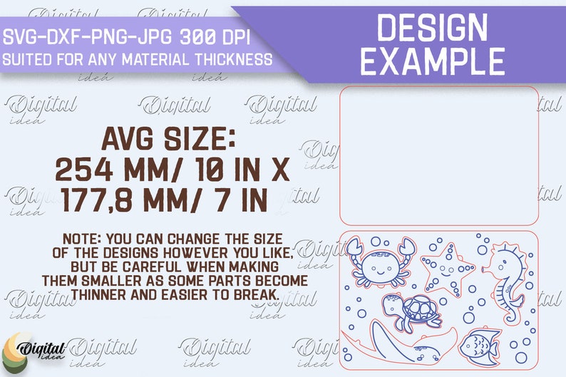 May include: A design example for a digital cutting file featuring a seahorse, crab, turtle, starfish, and fish. The design is outlined in blue and red on a light blue background. The average size of the design is 10 inches by 7 inches or 254 mm by 177.8 mm. The text "DESIGN EXAMPLE" is in the upper right corner of the image.