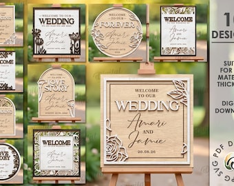 3D Wedding welcome signs bundle, layered wedding decor laser cut, custom floral wedding sign, personalized names svg, love story