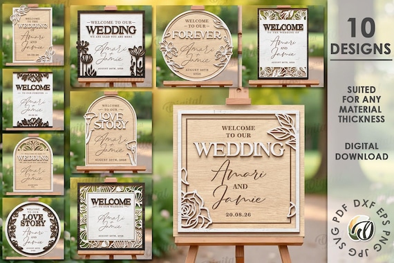 3D Wedding welcome signs bundle, layered wedding decor laser cut, custom floral wedding sign, personalized names svg, love story