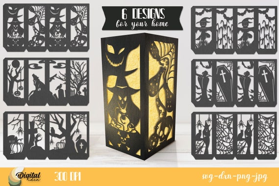 Halloween papercut lantern bundle, Spooky Halloween lantern template, 3D Halloween light SVG