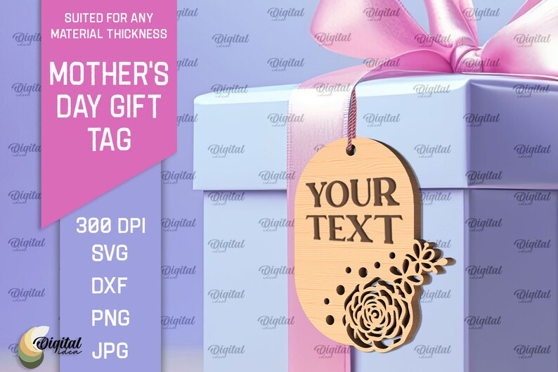 May include: A light blue gift box with a pink ribbon and a wooden tag that says "YOUR TEXT". The tag has a floral design with a rose and leaves. The tag is perfect for a Mother's Day gift.
