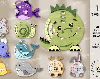 3D Kids animal perpetual calendars bundle, round calendar laser cut, wall eternal calendar glowforge, wooden calendar, calendar with sliders