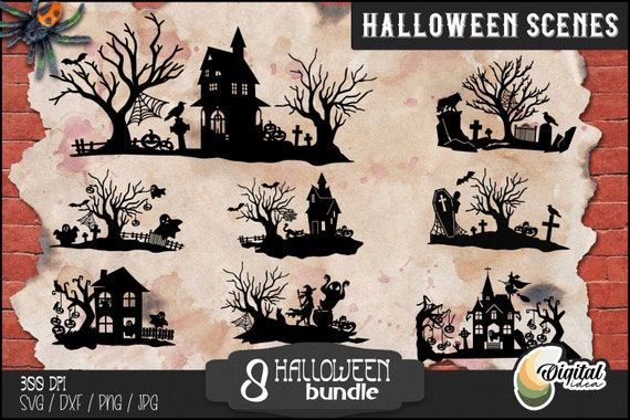 Halloween scene SVG bundle, Halloween wall art SVG, Halloween silhouette scenes, Halloween laser cut, Spooky scenes papercut