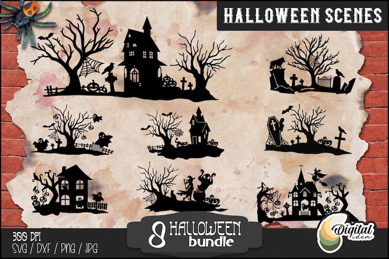 Może przedstawiać: Zestaw ośmiu czarno-białych ilustracji sylwetkowych przedstawiających sceny z Halloween. Ilustracje obejmują nawiedzony dom, cmentarz, kocioł czarownicy i straszny drzewo. Tekst "8 HALLOWEEN bundle" znajduje się na dole obrazu.
