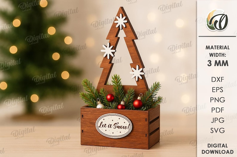 May include: A wooden Christmas tree decoration with a rectangular base and a tree-shaped top. The tree has white snowflake accents and holds greenery, red ornaments, and the text "Let it Snow!".