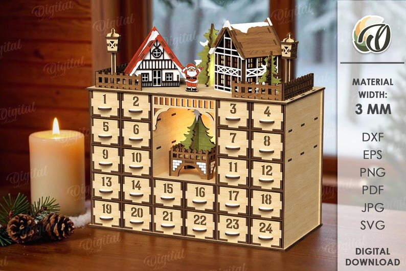 May include: A wooden advent calendar with 24 numbered drawers. The top features miniature houses and a Santa figure. A lit candle and pinecones are in the foreground. The material width is 3 mm.