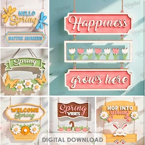 Paquete de letreros 3D de "Hola Primavera", archivos cortados con láser para decoración primaveral en capas, letrero colgante para puerta, letrero de bienvenida, citas de primavera en formato SVG, floral, mariposa