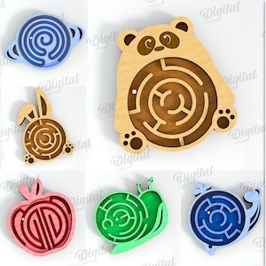 May include: A collection of ten wooden maze puzzles in various shapes, including a turtle, bear, and apple. The mazes are in different colors, such as green, pink, and blue. The image includes the text "10 DESIGNS" and "DIGITAL DOWNLOAD".