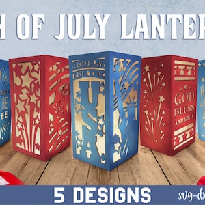 May include: Five 4th of July themed lantern designs. The lanterns are made of red, white, and blue paper and feature patriotic designs such as stars, stripes, fireworks, and the Statue of Liberty. The text on the lanterns reads "Proud to be Free", "God Bless America", "Happy 4th of July", and "USA".
