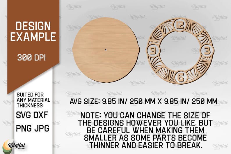 May include: A design template for a clock face with a decorative border. The template is 250 mm in diameter and is suitable for use with any material thickness. The design is available in SVG, DXF, PNG, and JPG formats.