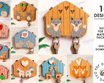 3D Wooden key holders bundle, key organizer laser cut, wooden home decor, wall key holder rack, nursery decor, cute animals svg, fox