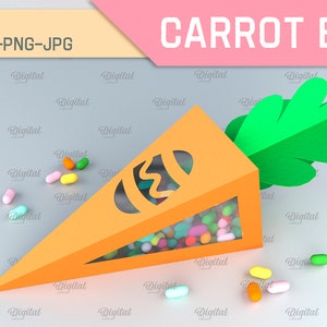 Pode incluir: Uma caixa de cenoura imprim&iacute;vel em 3D com uma folha verde no topo. A caixa &eacute; laranja e tem uma janela recortada em forma de cenoura. A janela est&aacute; cheia de doces coloridos. O texto "CARROT BOX" est&aacute; impresso na parte superior da imagem.