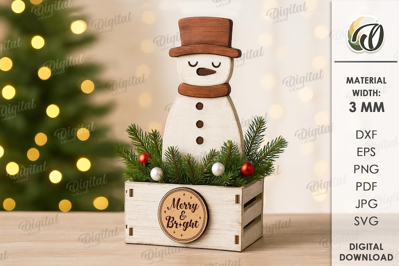 May include: A wooden snowman decoration with a brown top hat and scarf, set in a white wooden crate filled with greenery and red and white ornaments. The crate has a circular sign that reads "Merry & Bright".