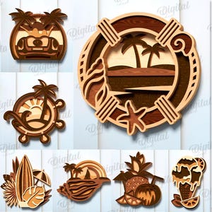 May include: A collection of 10 layered wooden designs with a beach theme, including a jeep, margarita, and ice cream cone. The designs are suitable for any material thickness and are available as a digital download.