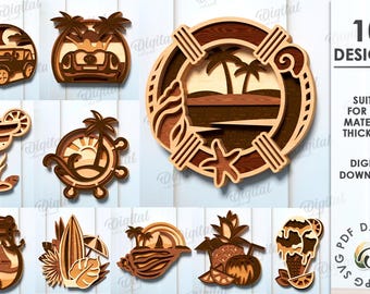May include: A collection of 10 layered wooden designs with a beach theme, including a jeep, margarita, and ice cream cone. The designs are suitable for any material thickness and are available as a digital download.