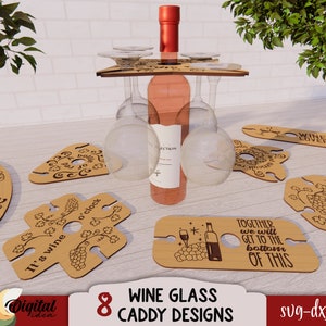 Wein Caddy SVG Bundle, Lasercut Weinflasche und Glashalter, Gravierter Weinhalter, Wein Zitate und Sprüche, Wein Butler Laser geschnitten SVG