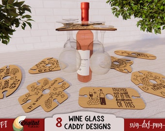 Wine caddy SVG bundle, Lasercut wine bottle and glass holder, Engraved wine holder, Wine quotes and sayings, Wine butler laser cut SVG