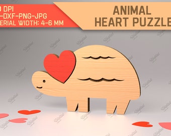 Wooden turtle love puzzle, 3D laser cut animal with hearts, cute animal figurines svg, Valentine's day gift lasercut svg