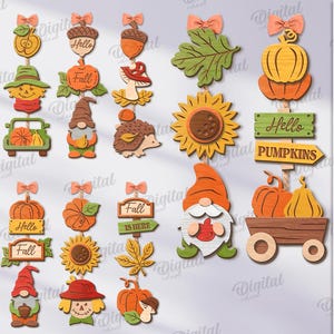 Puede incluir: Una colección de 10 diseños de madera con temática otoñal, que incluyen calabazas, gnomos y hojas. Cada diseño está adornado con un pequeño lazo rosa. La imagen incluye el texto "10 DESIGNS" y "SUITED FOR ANY MATERIAL THICKNESS".