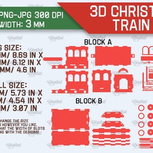 May include: A digital download of a 3D Christmas train design. The design is in red and includes instructions for building a train with a block A, block B, block C, and decor. The design is available in two sizes: big size (220.73 mm x 155.45 mm x 116.84 mm) and small size (145.54 mm x 115.32 mm x 77.98 mm).