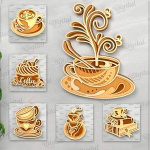 3D Kaffee Dekor, Kaffee Wand Kunst, Laser geschnitten, Kaffee Dekor Papierschnitt, Holzschild, Kaffee Wandschild, Wanddeko Küche, Geschenk