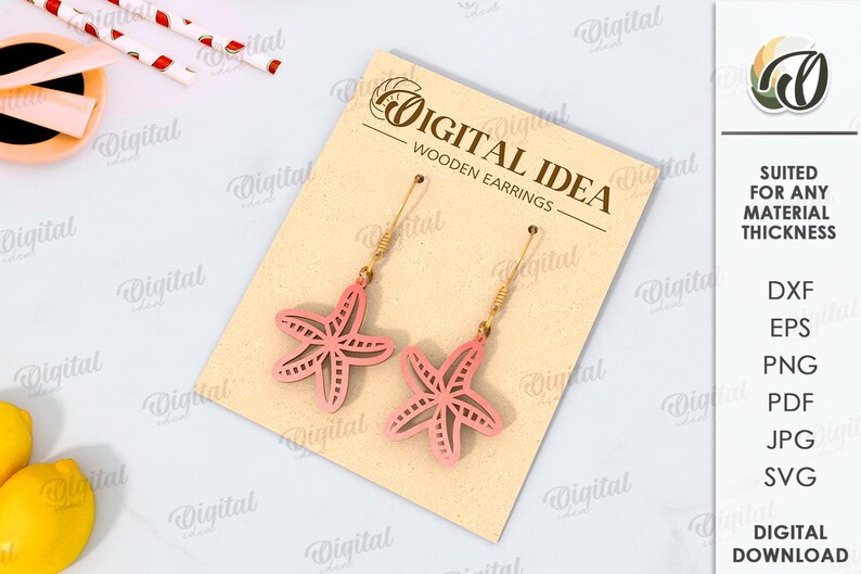 May include: A digital download of a pair of starfish-shaped wooden earrings. The earrings are pink and have a gold-colored wire. The image includes the text "Digital Idea Wooden Earrings".