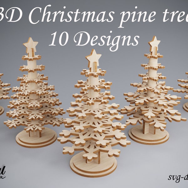 Lot d'arbres de Noël 3D découpés au laser, forge luminescente d'arbres sur pied, laser de pins, décor d'arbre de Noël empilé SVG, arbre de flocon de neige en couches